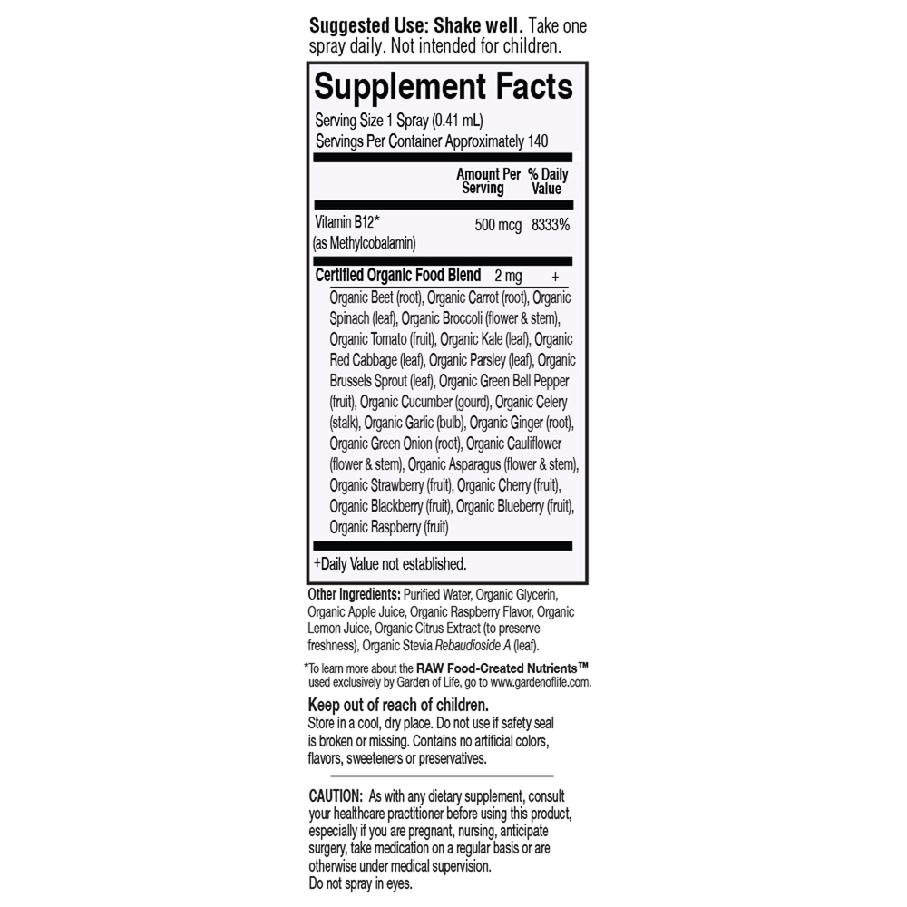 myKind Organics - Vegan B-12 Organic Spray, Raspberry Flavor, 2 Fl Oz (59 mL) Spray