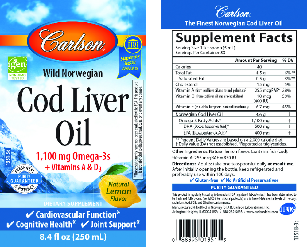 Cod Liver Oil, 1100 mg of Omega-3, Lemon Flavor, 8.4 Fl Oz (250 mL) Liquid