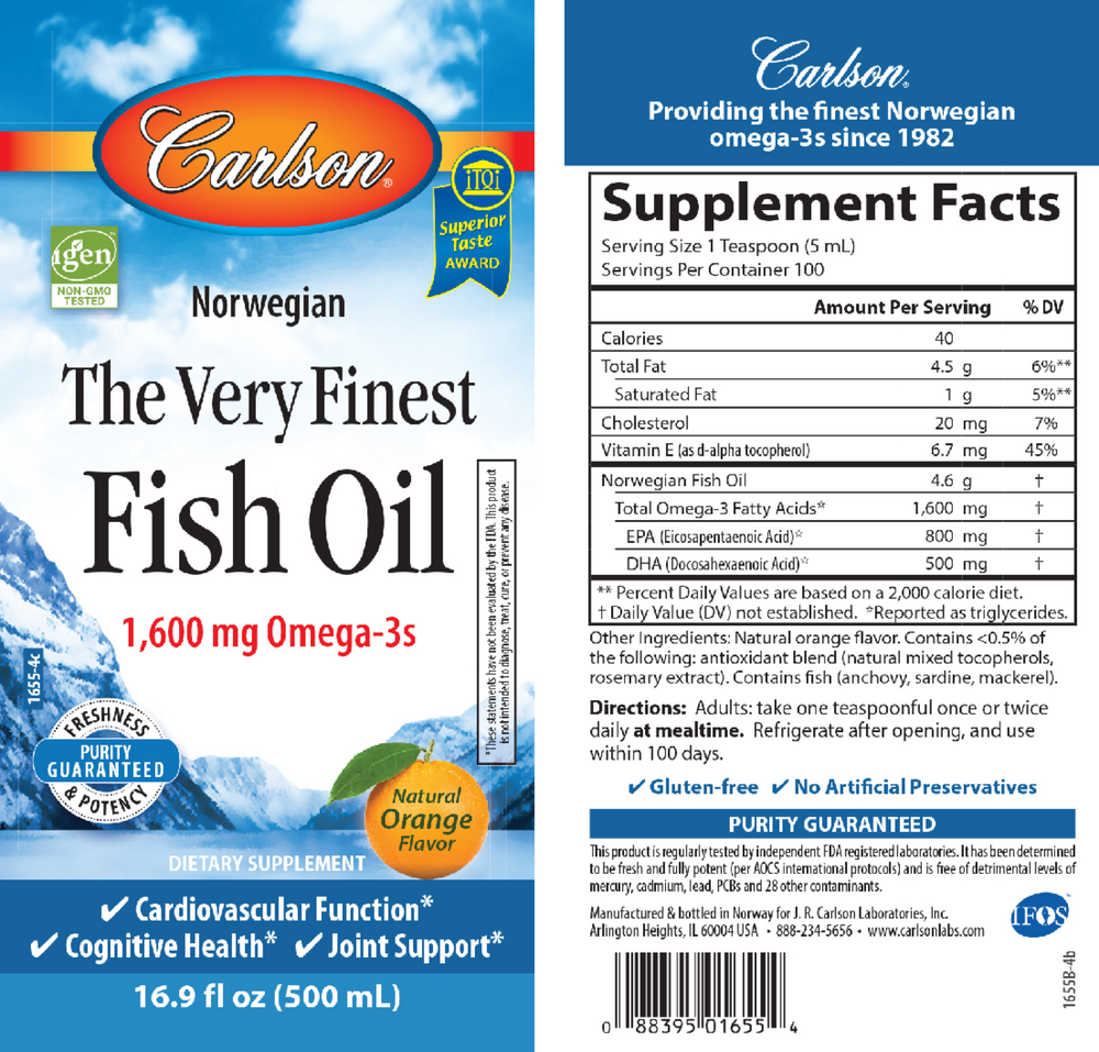 Norwegian The Very Finest Fish Oil, 1600 mg Omega-3s, Orange Flavor, 16.9 Fl Oz (500 mL) Liquid