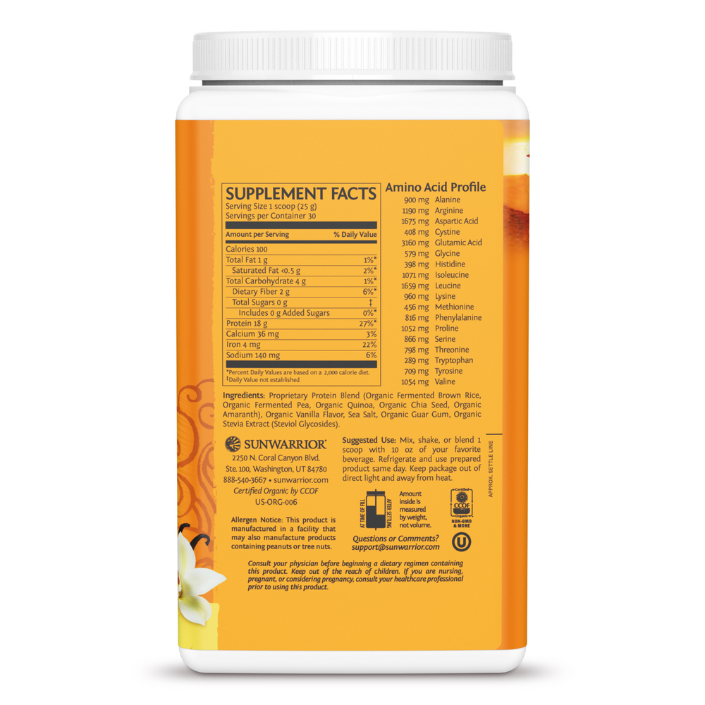 Organic Plant-Based Protein, 20 g of Protein, Vanilla Flavor, 1.65 Lb (750 g) Powder , Brand_Sunwarrior Flavor_Vanilla Form_Powder Potency_18 g Size_750 g