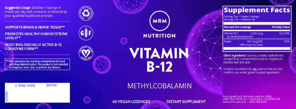 B-12 Methylcobalamin 2000mcg, 60 lozenges