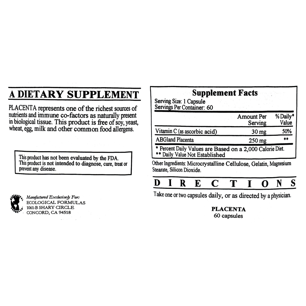 Placenta (Lypholized 250mg), 60 Capsules