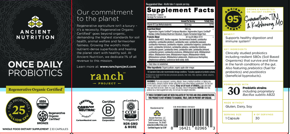 Ancient Nutrition Regenerative Organic Certified Once Daily Probiotics 25B - back