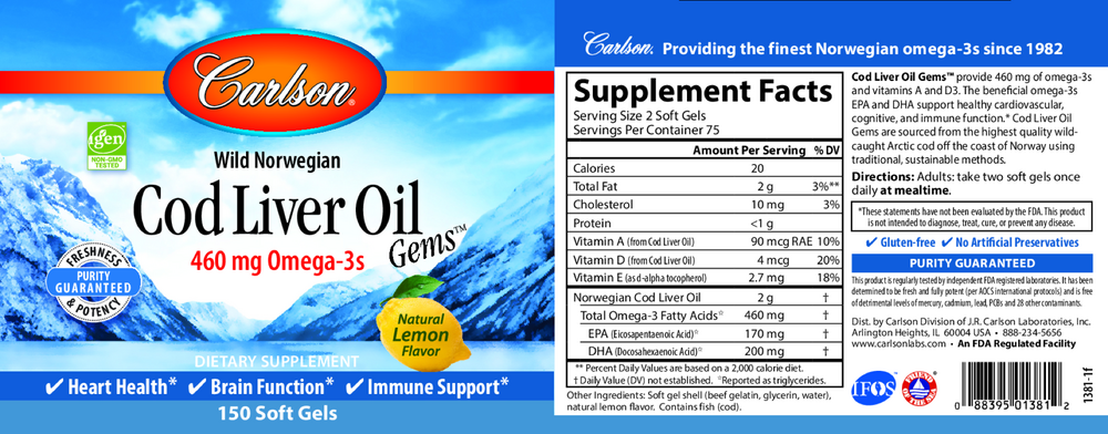 Wild Norwegian Cod Liver Oil Gems™, 460 mg Omega-3s, Lemon Flavor, 150 Softgels