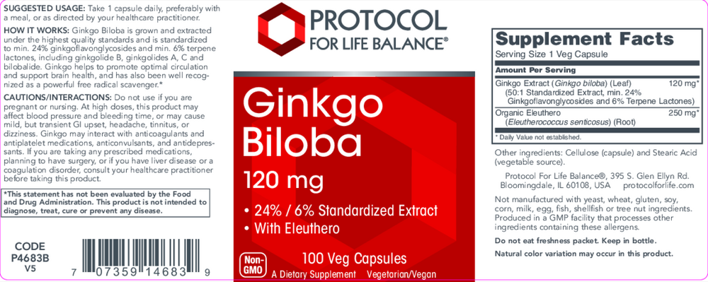 Ginkgo Biloba 120mg, 100 Capsules