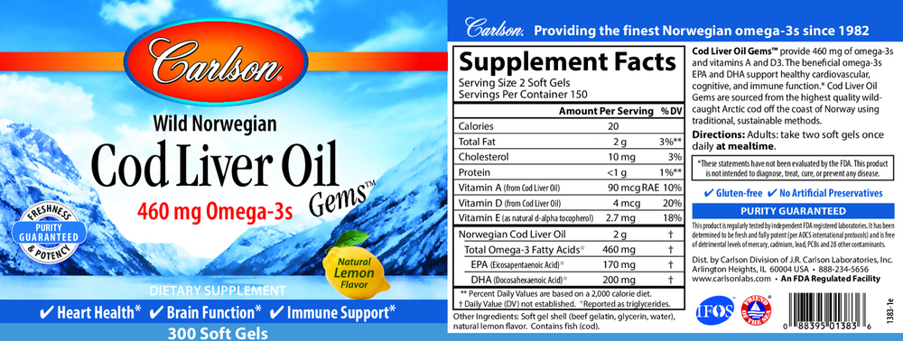 Cod Liver Oil Gems™ 460mg, 300 Softgels
