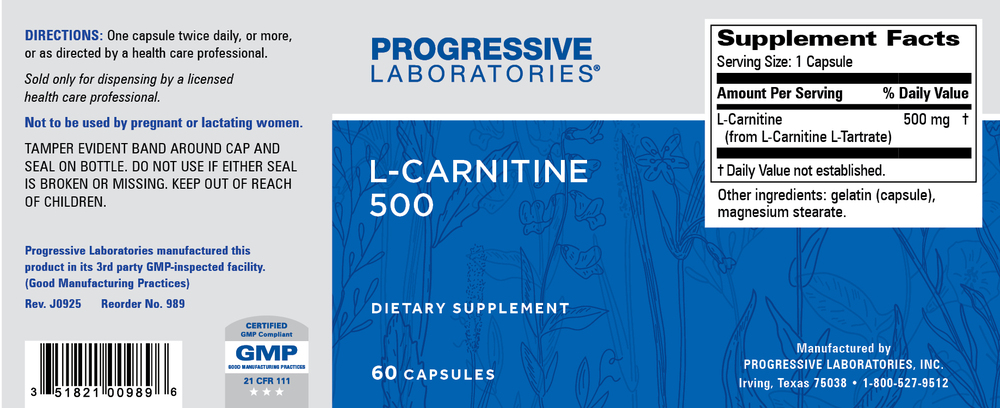 L-Carnitine 500mg, 60 Capsules , Brand_Progressive Labs capsules Form_Capsules Requires Consultation Size_60 Capsules