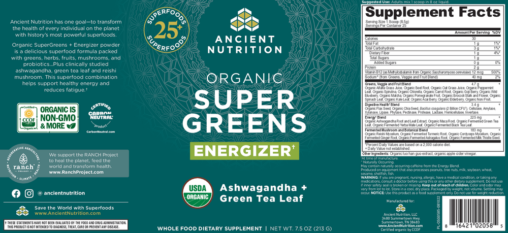 Ancient Nutrition Organic SuperGreens Energizer - Powder - back