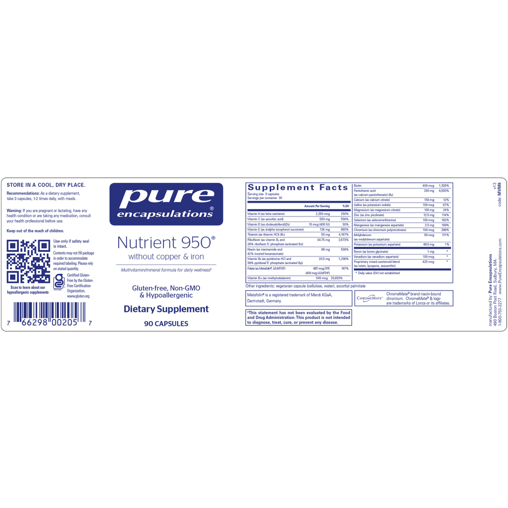 Nutrient 950® without Copper & Iron, 90 Capsules , Brand_Pure Encapsulations caps Form_Capsules Not Emersons Size_90 Caps
