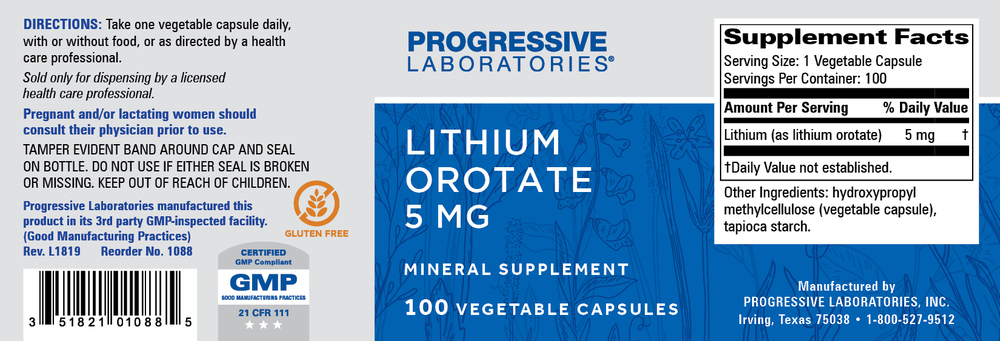 Lithium Orotate 5mg, 100 Capsules , Brand_Progressive Labs capsules Form_Capsules Requires Consultation Size_100 Capsules