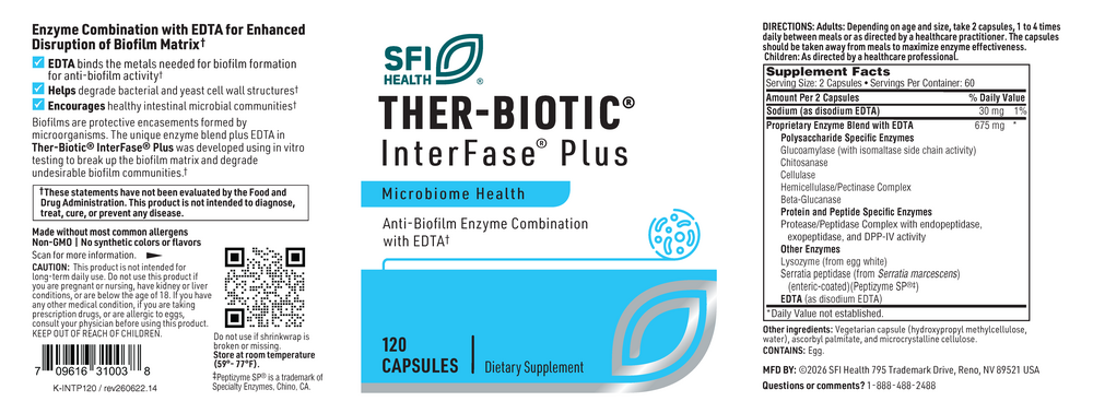 Ther-Biotic® Interfase® Plus, Anti-Biofilm Enzyme Combination with EDTA, 120 Capsules
