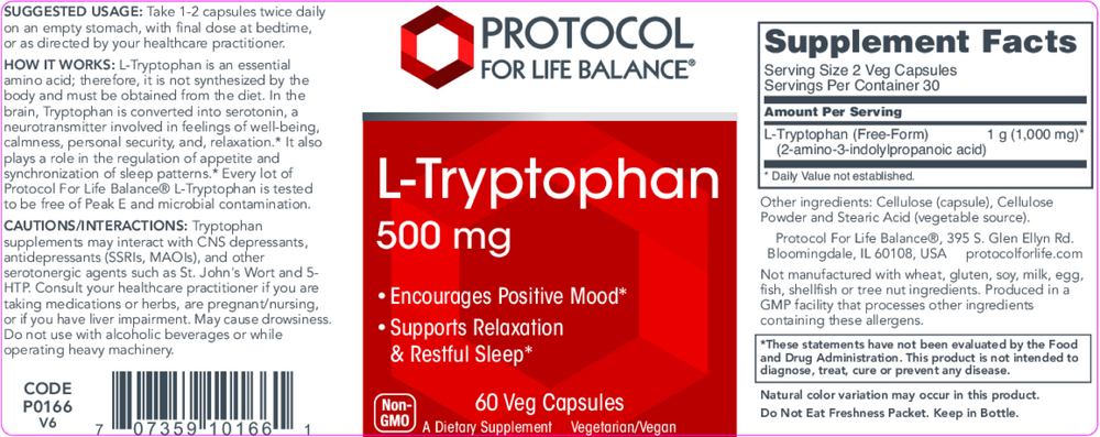 L-Tryptophan 500mg, 60 Capsules , Brand_Protocol for Life Balance capsules Form_Capsules Requires Consultation Size_60 Capsules