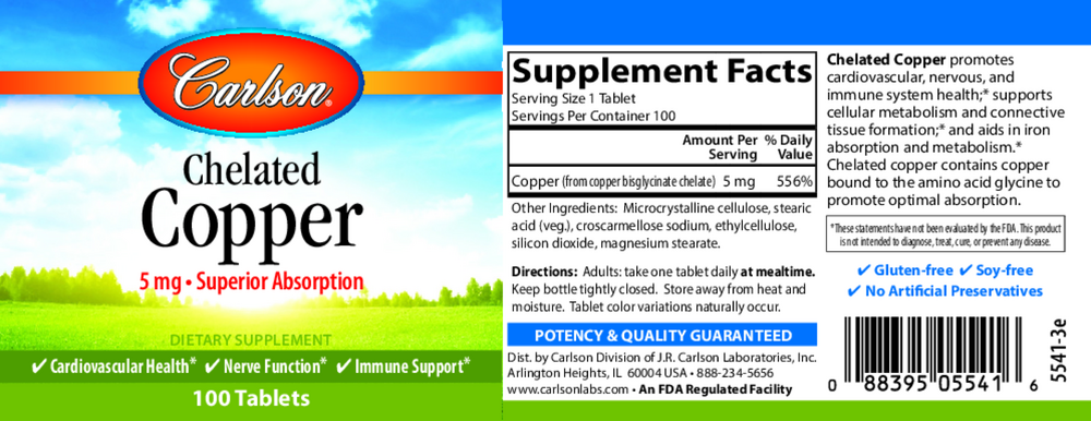 Chelated Copper, 100 Tablets