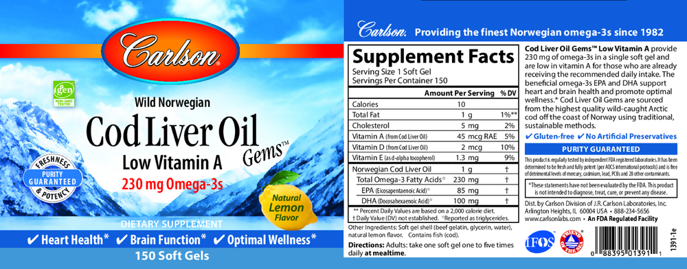 Cod Liver Oil Low Vitamin A Lemon, 150 Softgels