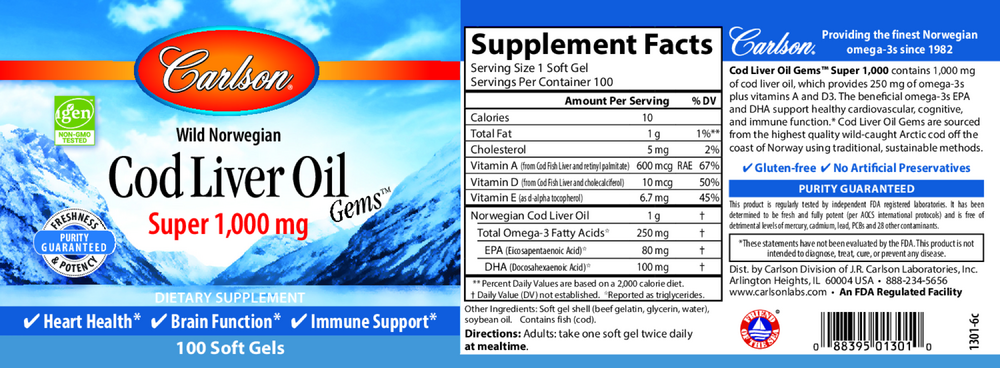 Wild Norwegian Cod Liver Oil Gems™ Super 1000  mg, 100 softgels