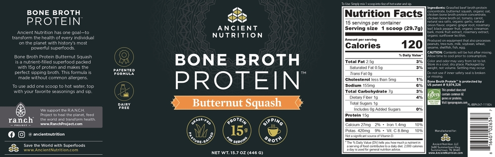 Ancient Nutrition Bone Broth Protein Butternut Squash - back