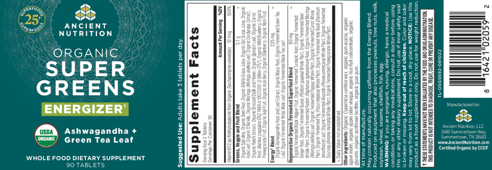 Ancient Nutrition Organic SuperGreens Energizer - Tablet - back