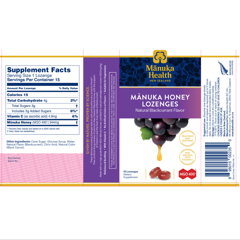 Manuka Honey Lozenges with Propolis, Blackcurrant Flavor, 15 Lozenges