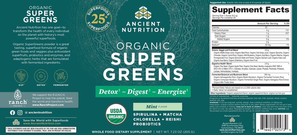 Ancient Nutrition Organic SuperGreens Powder - Mint - back