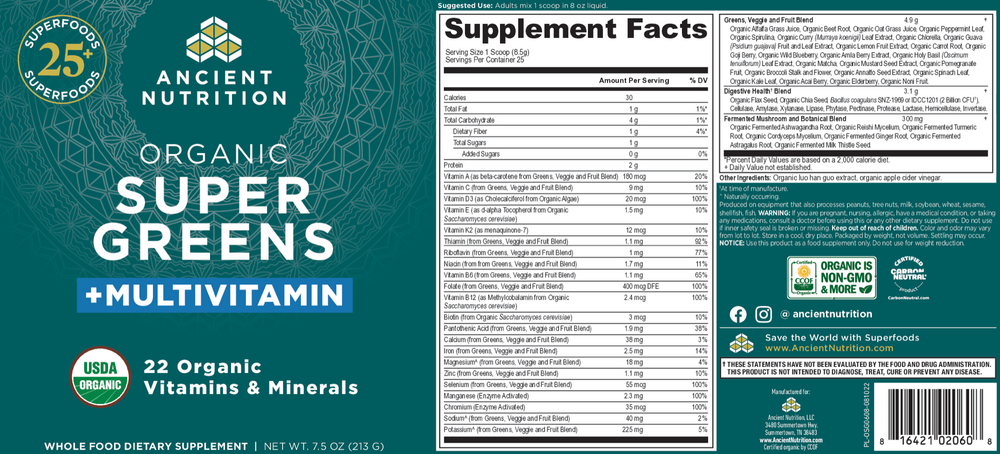 Ancient Nutrition Organic SuperGreens + Multivitamin - Powder - back