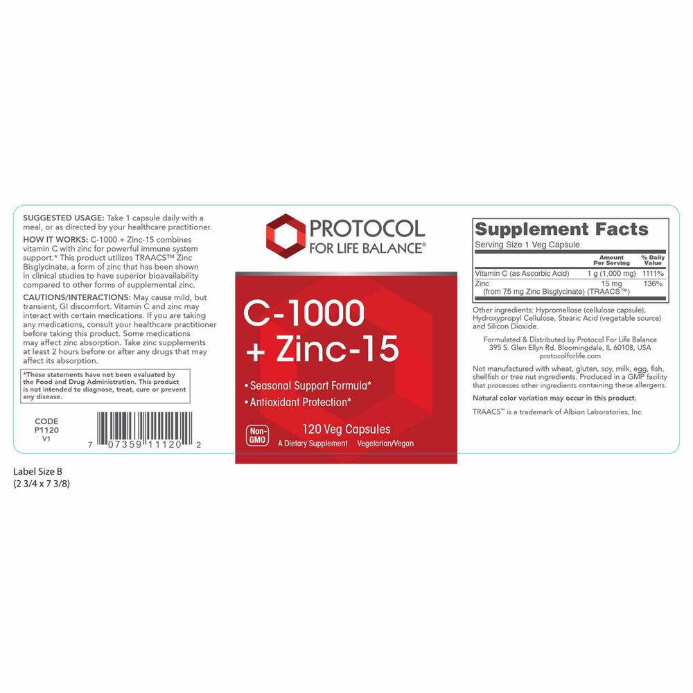 C-1000 + ZINC-15, 120 Capsules , Brand_Protocol for Life Balance capsules Form_Capsules Requires Consultation Size_120 Capsules