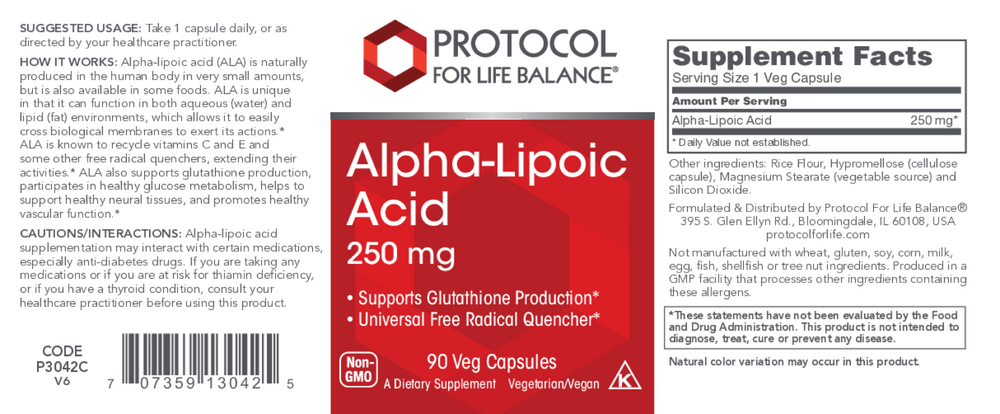 Alpha Lipoic Acid 250mg, 90 Capsules , Brand_Protocol for Life Balance capsules Form_Capsules Requires Consultation Size_90 Capsules