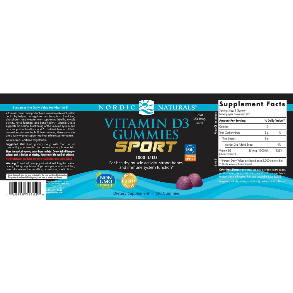 Nordic Naturals Vitamin D3 Gummies Sport - back of bottle