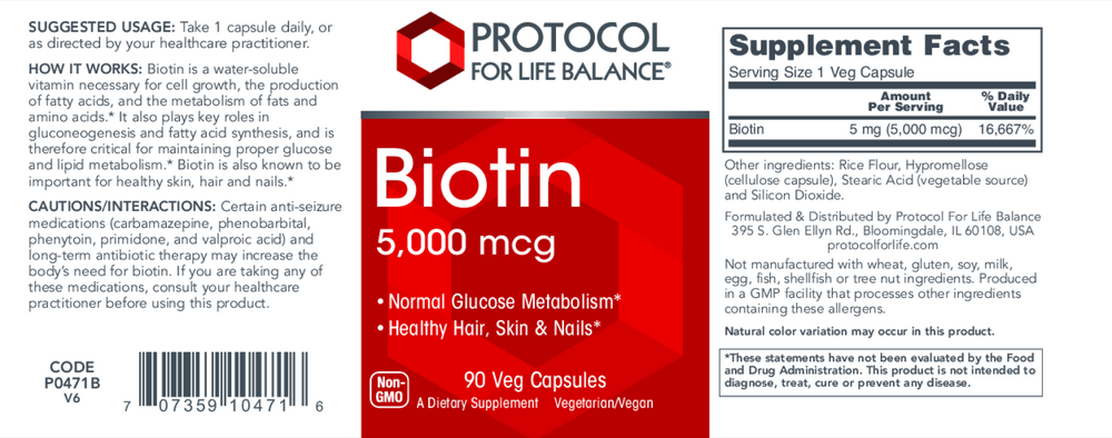 Biotin 5000mcg, 90 Capsules , Brand_Protocol for Life Balance capsules Form_Capsules Requires Consultation Size_90 Capsules