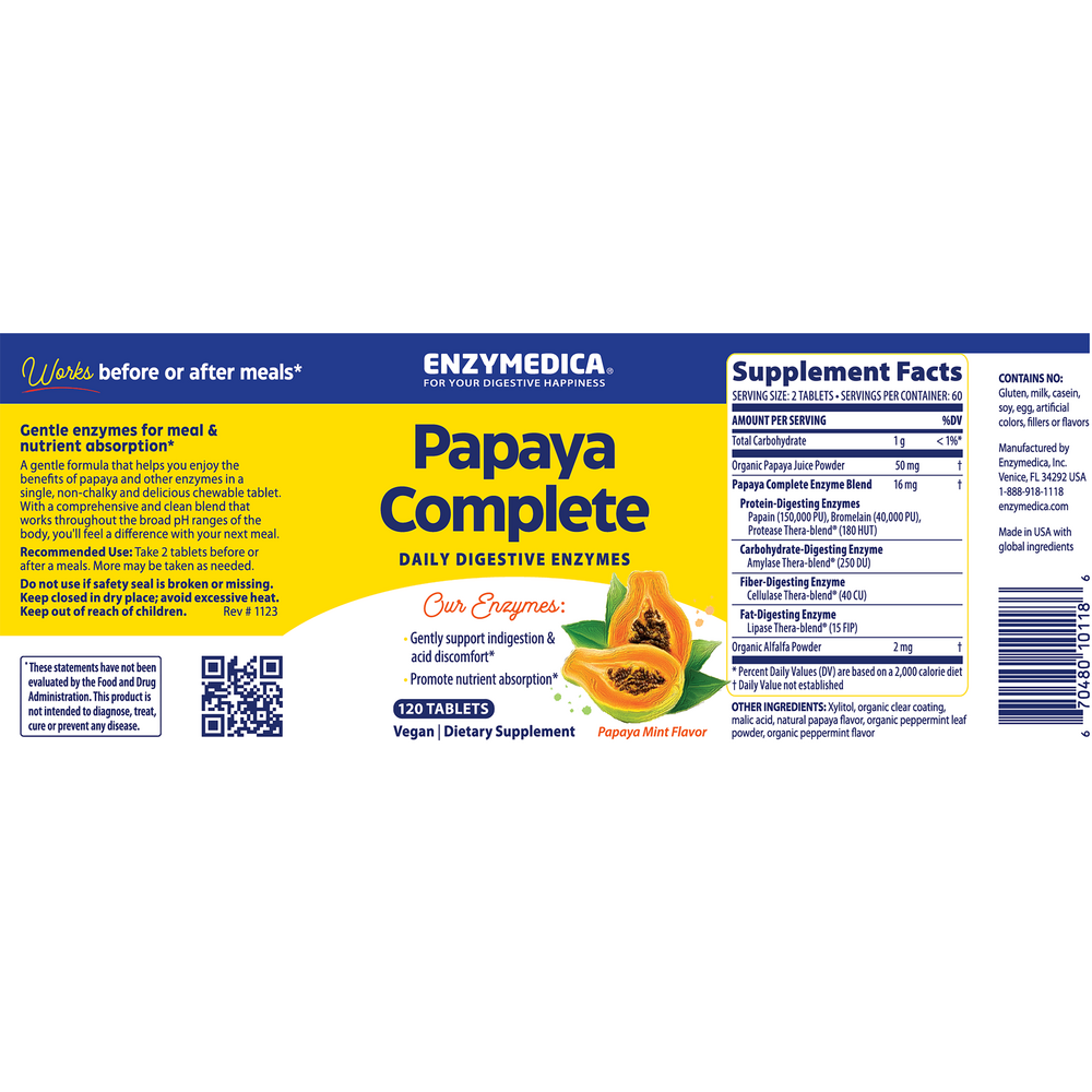 Papaya Complete Daily Digestive Enzymes, 120 Tablets