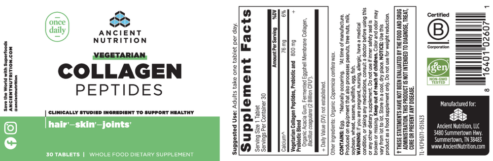Ancient Nutrition Vegetarian Collagen Peptides Tablets - back