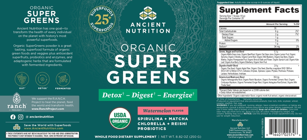 Ancient Nutrition Organic SuperGreens Powder - Watermelon - back