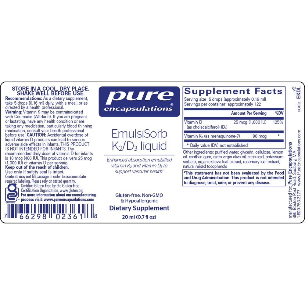 EmulsiSorb K2/D3 liquid, 20 Milliliters , Brand_Pure Encapsulations Form_Liquid Requires Consultation Size_20 Milliliters