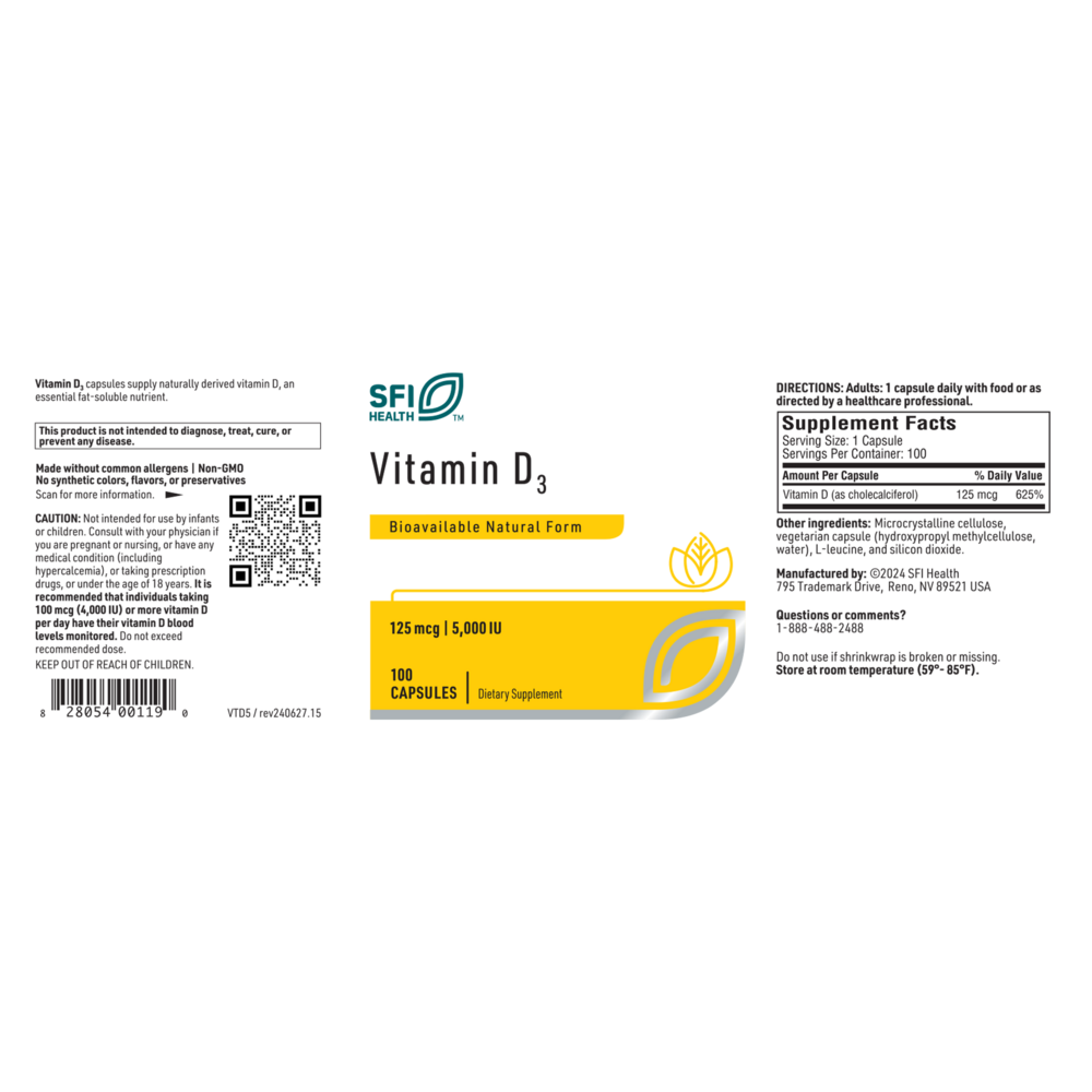 Vitamin D3 5000IU, 100 Capsules