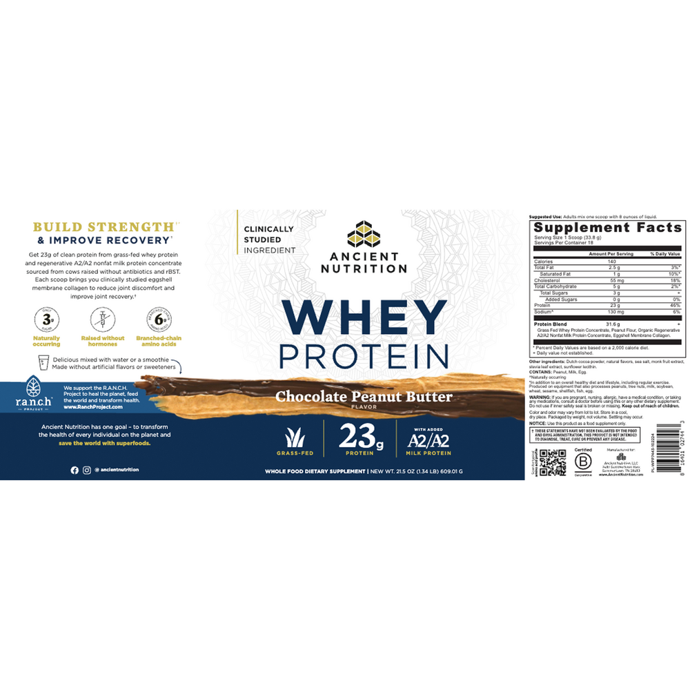 Ancient Nutrition Whey Protein Powder - Chocolate Peanut Butter - back