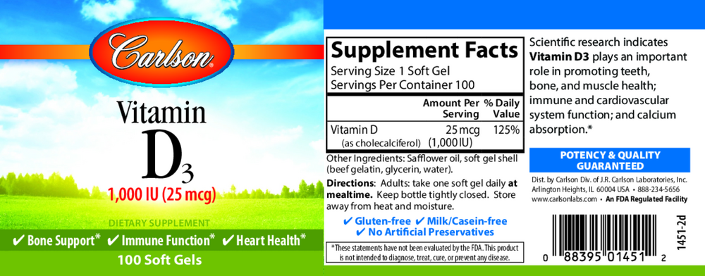 Vitamin D3 1,000 IU (25 mcg), 100 Softgels