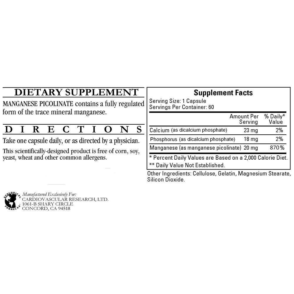 Manganese Picolinate, 60 Capsules