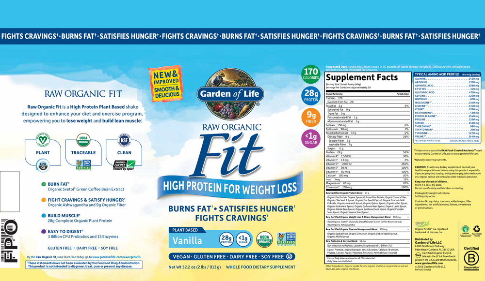 RAW Organic Fit Plant Based Protein, 28g of Protein, Vanilla Flavor, 32.8 Oz (930 g) Powder