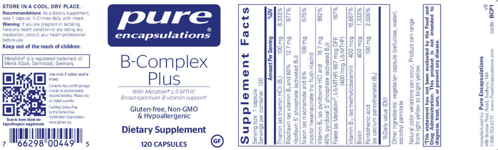 B-Complex Plus, 120 Capsules , Brand_Pure Encapsulations Form_Capsules Requires Consultation Size_120 Capsules