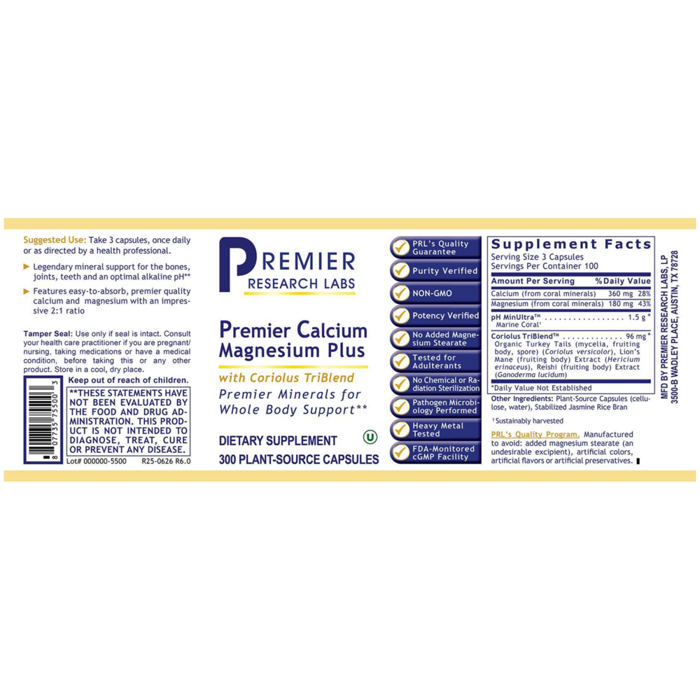 Premier Calcium Magnesium Plus, 300 Capsules , Brand_Premier Research Labs capsules Form_Capsules Requires Consultation Size_300 Capsules