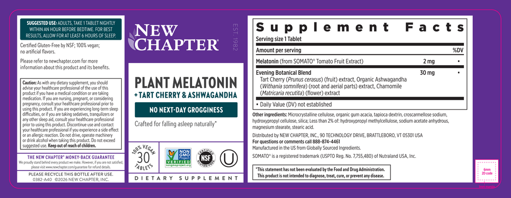 Plant Melatonin + Tart Cherry & Ashwagandha Tablets, 30 tablets