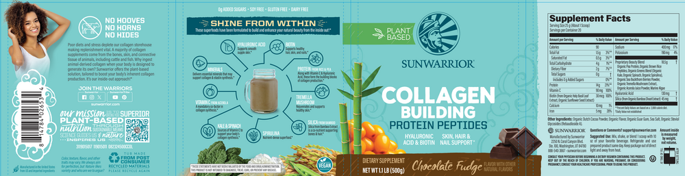 Collagen Plant Based Chocolate, 500 g Powder , Brand_Sunwarrior Flavor_Chocolate Form_Powder Potency_16 g Size_500 g