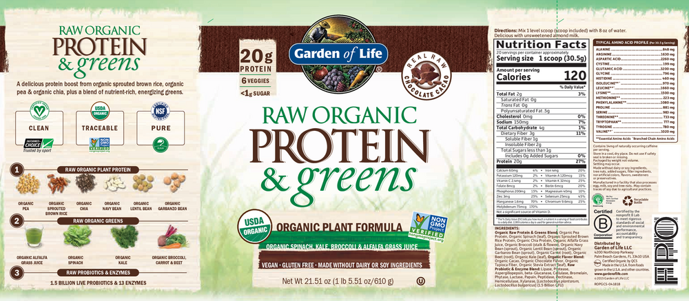 RAW Protein & Greens Chocolate Cacao, 22 oz (611 g) Powder