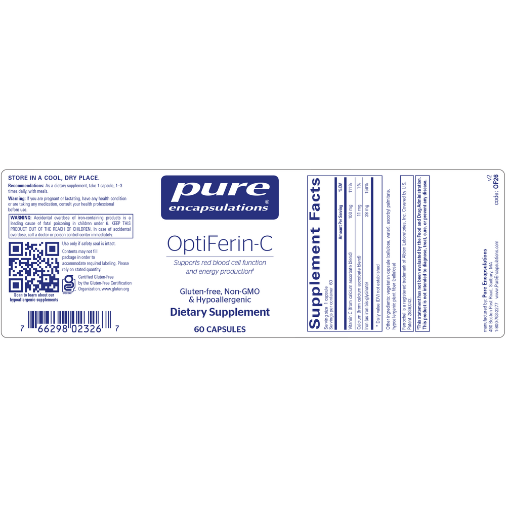 OptiFerin-C, 60 Capsules , Athletic Performance Brand_Pure Encapsulations caps Energy Support Form_Capsules Hypoallergenic Iron Support Not Emersons Requires Consultation Size_60 Caps Size_60 Capsules Vegan