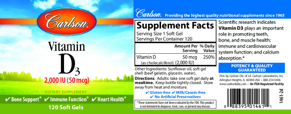 Vitamin D3, 2000 IU, 120 Softgels
