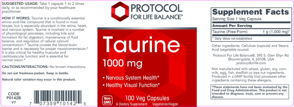 Taurine 1000mg, 100 Capsules , Brand_Protocol for Life Balance capsules Form_Capsules Requires Consultation Size_100 Capsules