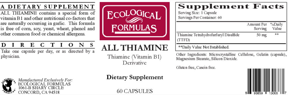 All Thiamine (fat soluble B1 - TTFD, 50mg capsule), 60 Capsules
