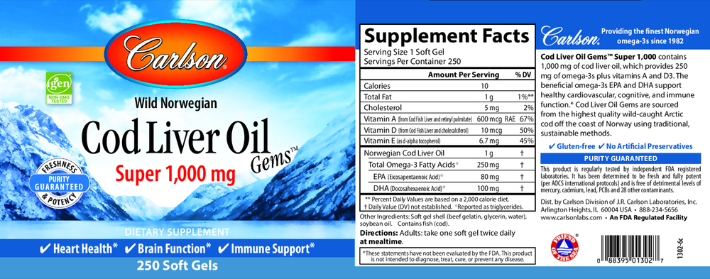 Cod Liver Oil Gems™, Super 1,000 mg, 250 Softgels