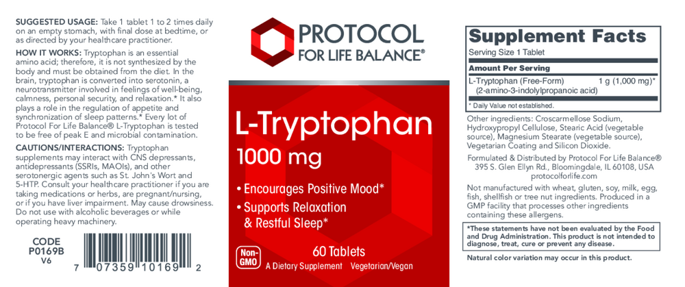 L-Tryptophan 1000mg, 60 Tablets , Brand_Protocol for Life Balance Form_Tablets Requires Consultation Size_60 Tablets tablets