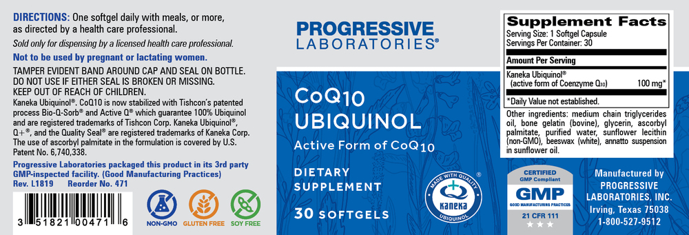 CoQ10 Ubiquinol 100mg, 30 Softgels , Brand_Progressive Labs Form_Softgels Requires Consultation Size_30 Softgels softgels