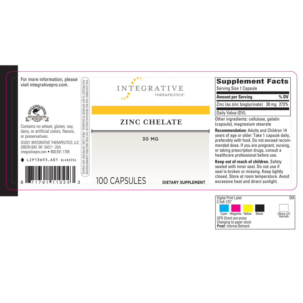 Zinc Chelate 30mg, 100 Capsules